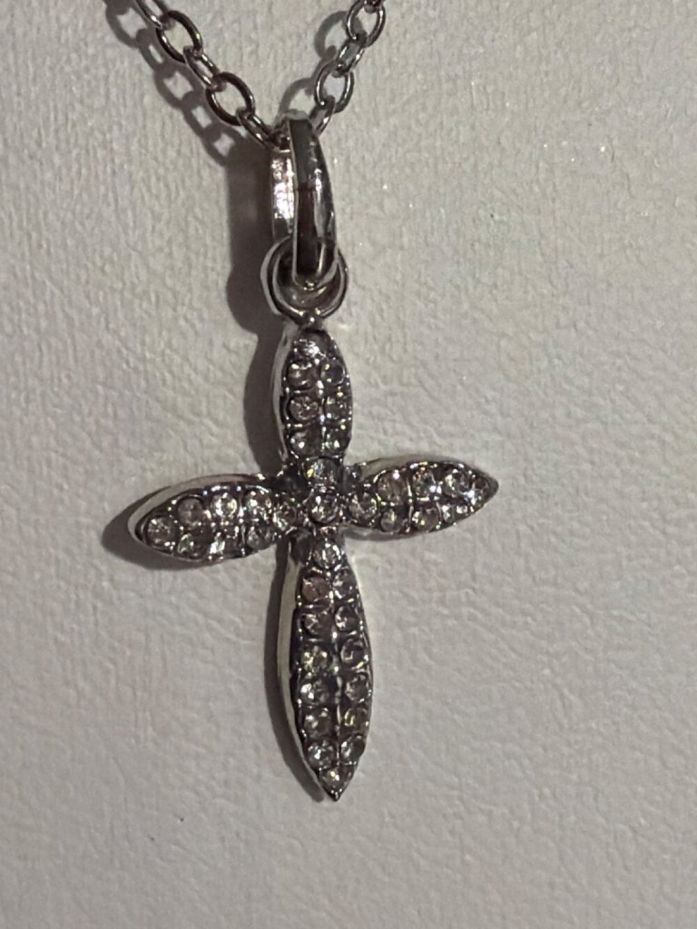 Silver Tone Cross Pendant Necklace Pave Crystal Rhinestones Adj 21" Religion